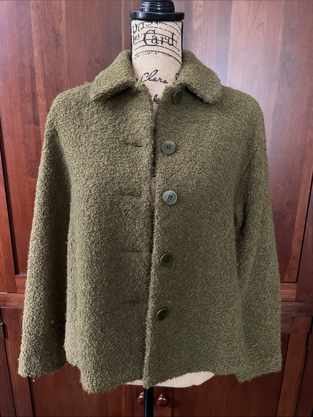 Eileen Fisher Women's Olive Green Cardigan (boucle) Jacket